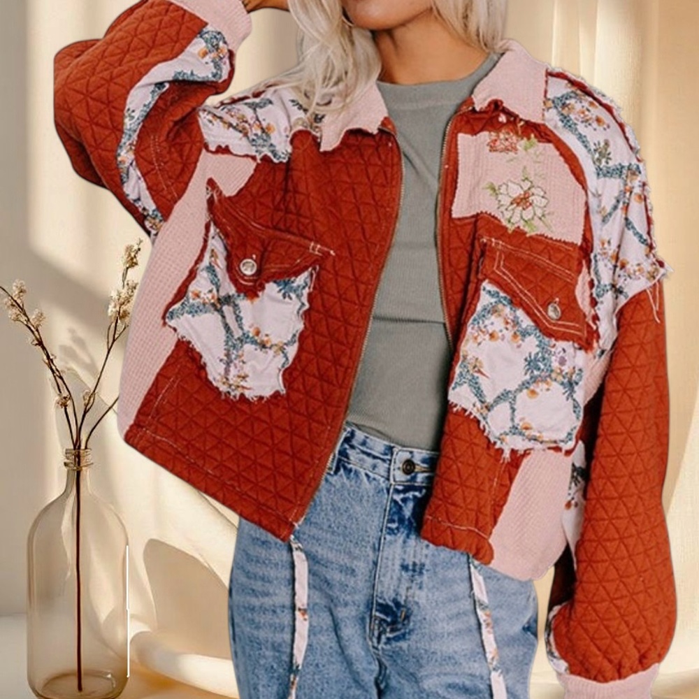 POL Quilted Patchwork Jacket Burgundy Floral Boho Cottagecore Zip Jacket - Picture 1 of 9